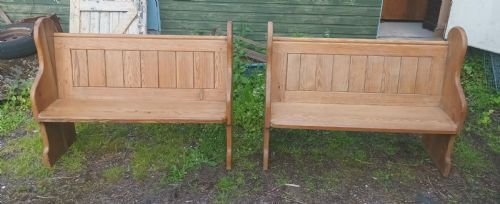 Pair of Late Victorian Pitch Pine Kitchen Pews with Loose Cushions.