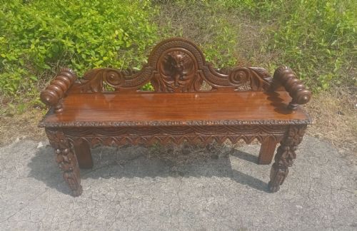 Victorian Carved Oak Hall Bench.