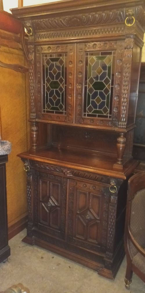 VICTORIAN CARVED OAK BOOKCASE CABINET - ADDITIONAL PHOTO 2