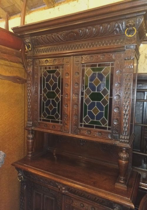 VICTORIAN CARVED OAK BOOKCASE CABINET - ADDITIONAL PHOTO 3