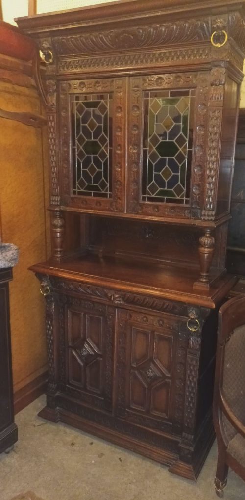 VICTORIAN CARVED OAK BOOKCASE CABINET - ADDITIONAL PHOTO 4