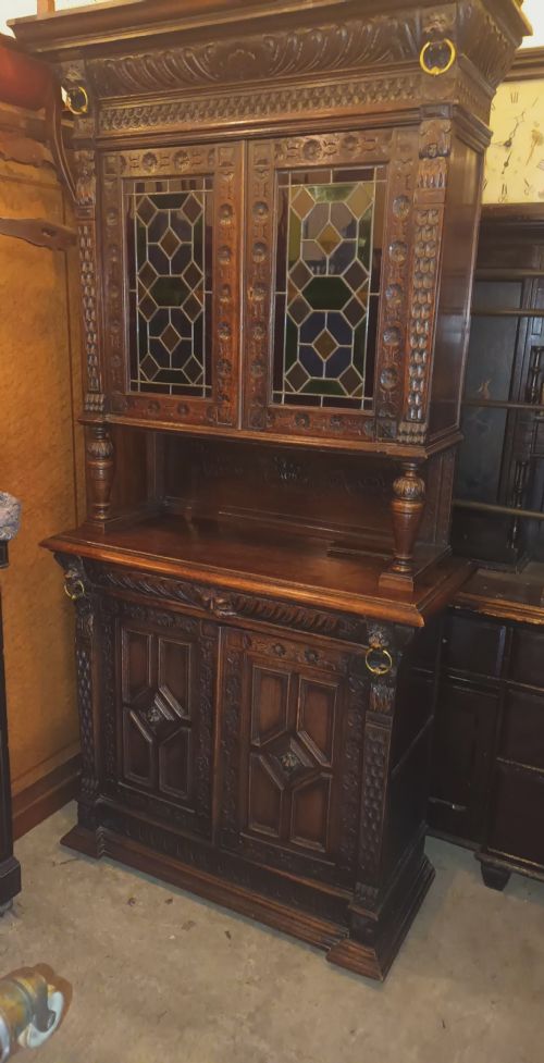 VICTORIAN CARVED OAK BOOKCASE CABINET - ADDITIONAL PHOTO 8
