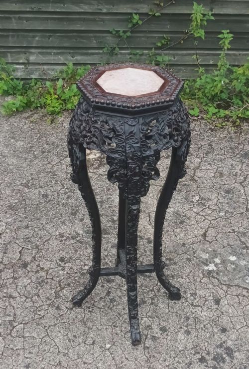 Late 19th Century Carved Hardwood Marble Top Stand.