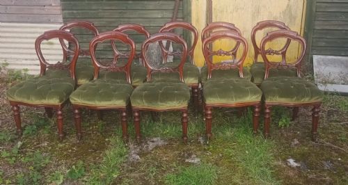 Set of 10 Victorian Mahogany Balloon Back Dining Chairs.