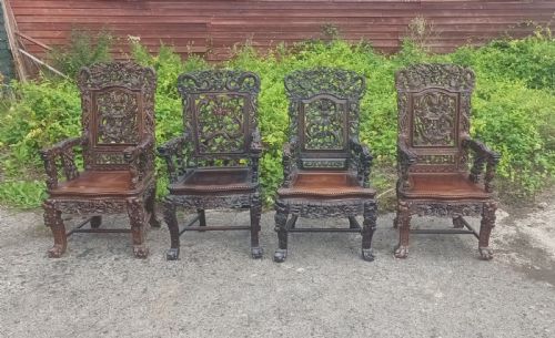 4 Carved Chinese Hardwood Armchairs