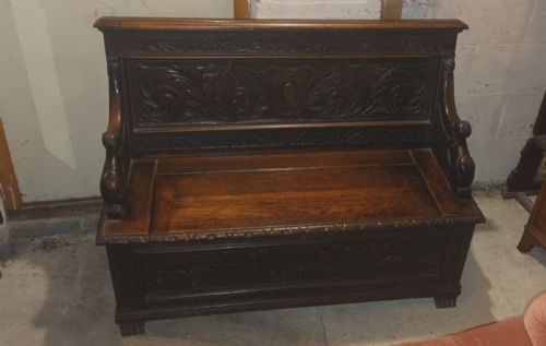Late Victorian Carved Oak Hall Seat.