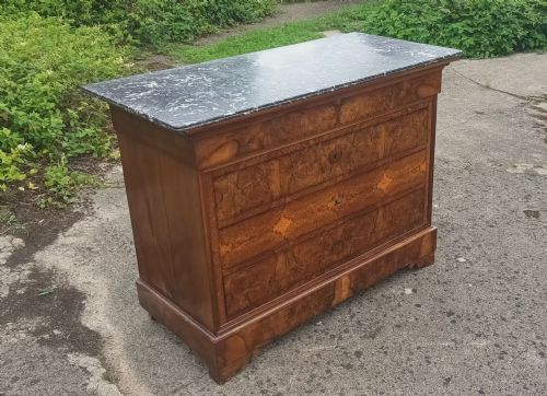 Walnut 4 Drawer French Marble Top Commode Chest