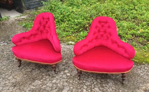 Pair of Victorian Upholstered Corner Chairs on Good Legs and Castors