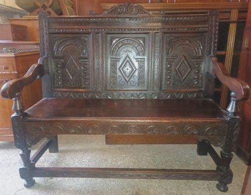 Late Victorian Carved Oak Hall Bench.