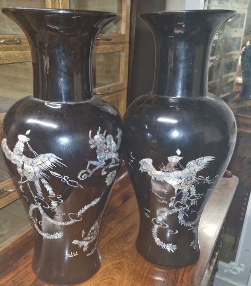 Pair Mother of Pearl Inlaid Lacquered on Wood Japanese Vases.