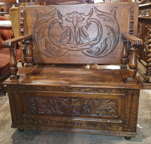 Late Victorian Carved Oak Hall Seat - Monks Bench.