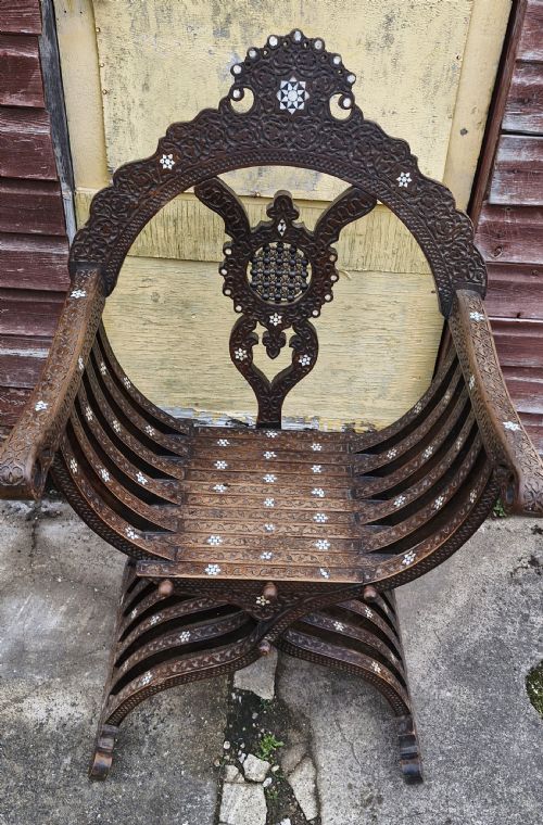 Late 19th Century Carved and Inlaid Moorish Armchair.