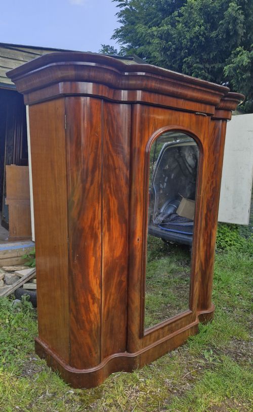 Unusual Serpentine Sided Victorian Mahogany Mirror Door Wardrobe.