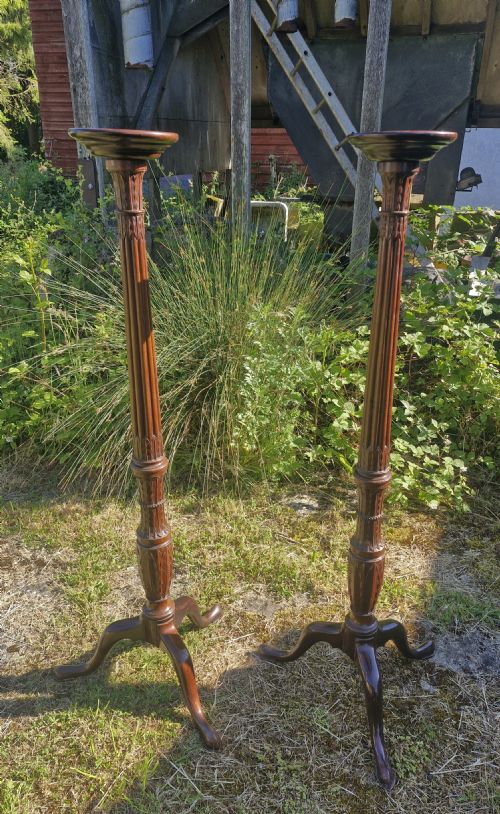 Pair of Nicely Carved Mahogany Torchere.
