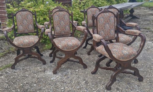 Set of 6 Walnut X Frame Hall Chairs.