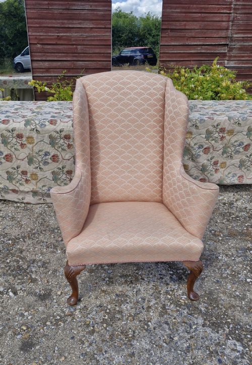 Walnut Upholstered Wing Back Armchair