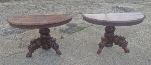 Pair of Victorian Gothic Carved Oak Console Tables.