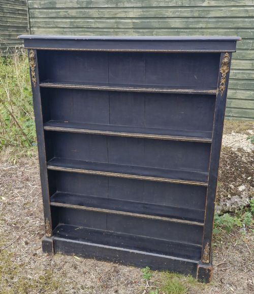 Victorian Gilt Metal Mounted Ebonised Open Bookcase.