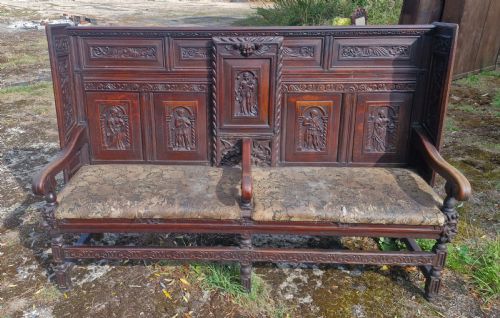 GOOD CARVED OAK HALL SEAT - ADDITIONAL PHOTO 5