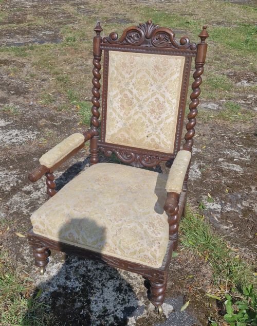 LARGE MID VICTORIAN OAK OPEN ARM UPHOLSTERED BARLEY TWIST ARMCHAIR - ADDITIONAL PHOTO 1