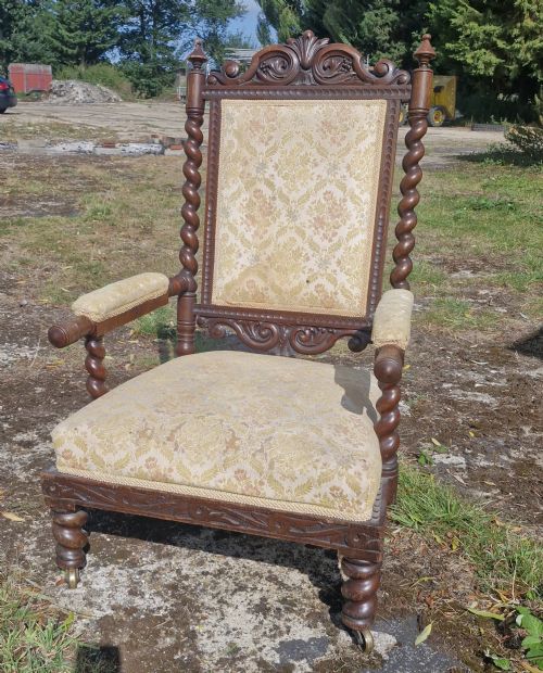 LARGE MID VICTORIAN OAK OPEN ARM UPHOLSTERED BARLEY TWIST ARMCHAIR - ADDITIONAL PHOTO 2