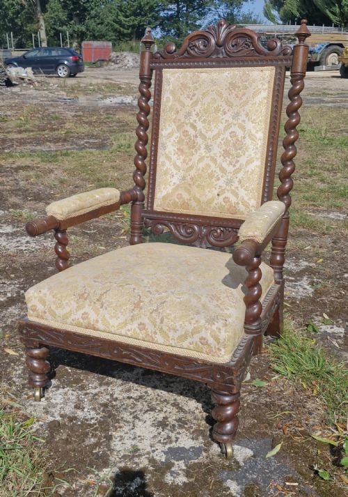LARGE MID VICTORIAN OAK OPEN ARM UPHOLSTERED BARLEY TWIST ARMCHAIR - ADDITIONAL PHOTO 5