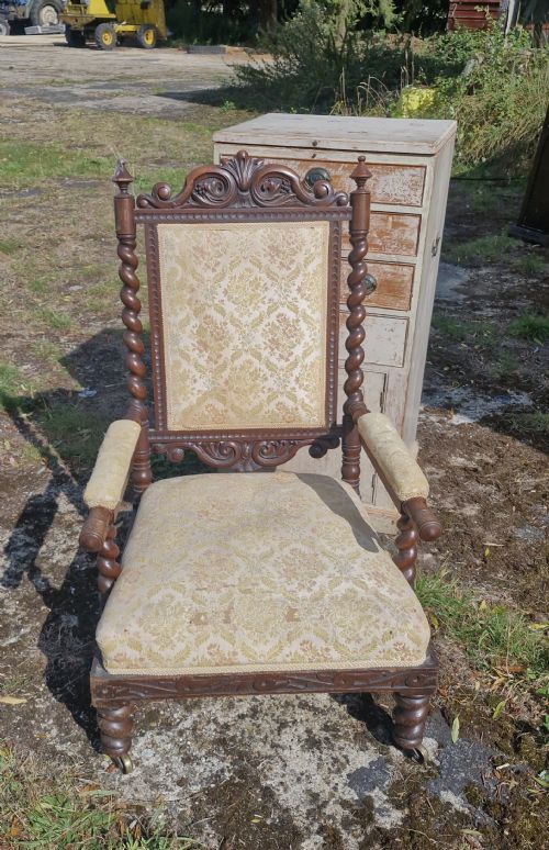 LARGE MID VICTORIAN OAK OPEN ARM UPHOLSTERED BARLEY TWIST ARMCHAIR - ADDITIONAL PHOTO 6