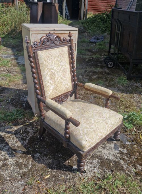 LARGE MID VICTORIAN OAK OPEN ARM UPHOLSTERED BARLEY TWIST ARMCHAIR - ADDITIONAL PHOTO 7