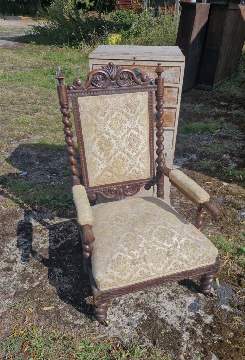 LARGE MID VICTORIAN OAK OPEN ARM UPHOLSTERED BARLEY TWIST ARMCHAIR - ADDITIONAL PHOTO 8
