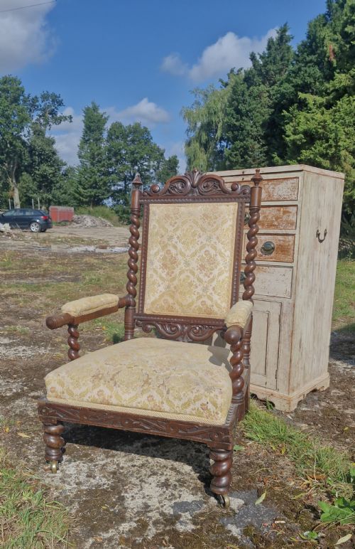 LARGE MID VICTORIAN OAK OPEN ARM UPHOLSTERED BARLEY TWIST ARMCHAIR - ADDITIONAL PHOTO 10