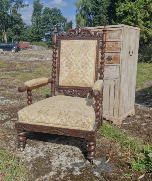 LARGE MID VICTORIAN OAK OPEN ARM UPHOLSTERED BARLEY TWIST ARMCHAIR - ADDITIONAL PHOTO 11