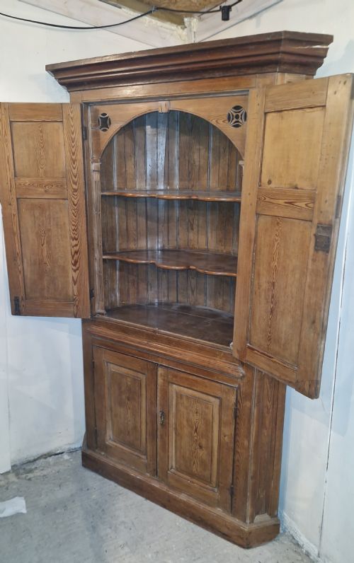 Early 19th Century Pine Barrel Back Corner Cupboard.