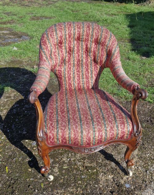 EARLY VICTORIAN CARVED ROSEWOOD UPHOLSTERED ARMCHAIR - ADDITIONAL PHOTO 3