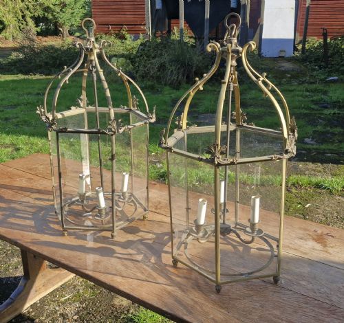 Pair of Brass Hanging Hall Lanterns.