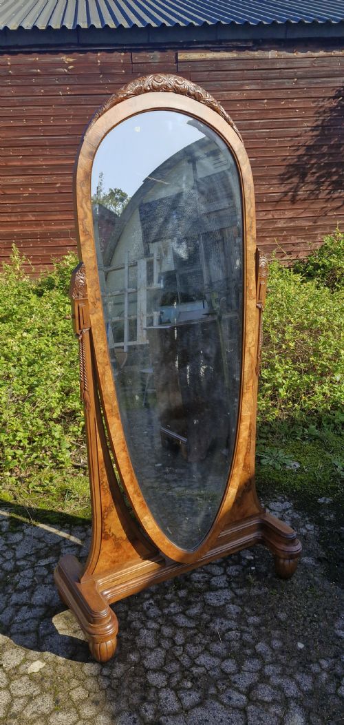 Burr Walnut Cheval Dressing Mirror.