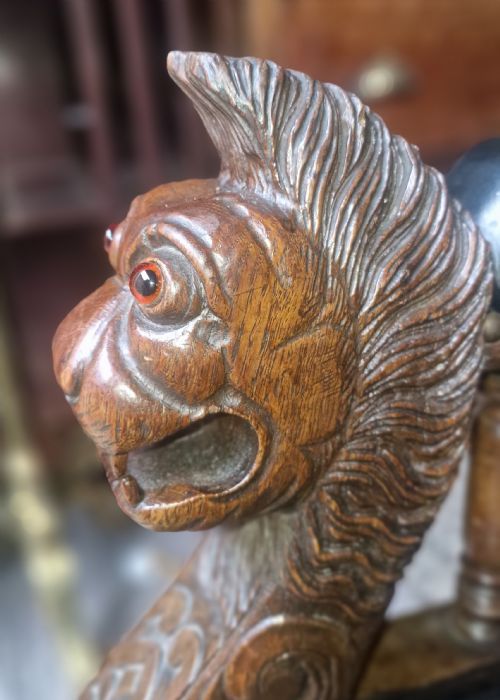 INTERESTING VICTORIAN CARVED OAK LIBRARY ARMCHAIR - ADDITIONAL PHOTO 8