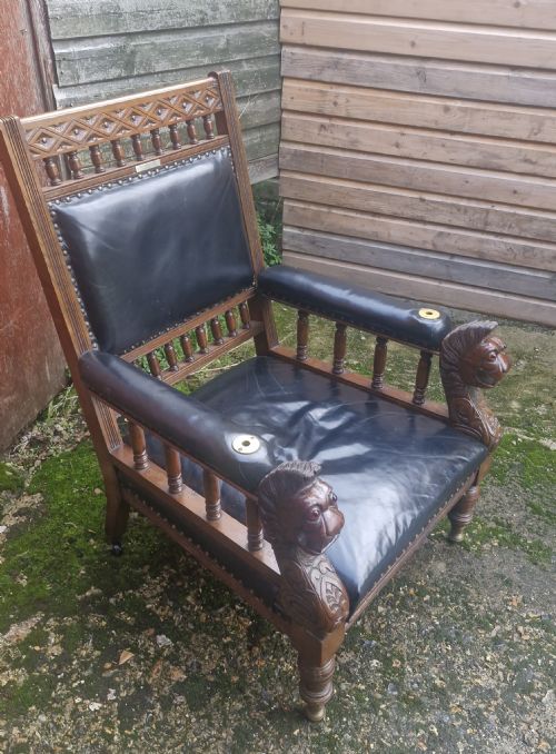 INTERESTING VICTORIAN CARVED OAK LIBRARY ARMCHAIR - ADDITIONAL PHOTO 12