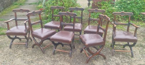 Set of 8 Victorian Carved Oak Gothic X Frame Dining Chairs .