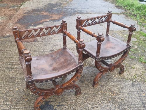 Pair of Late Victorian Oak and Leather Hall Armchairs