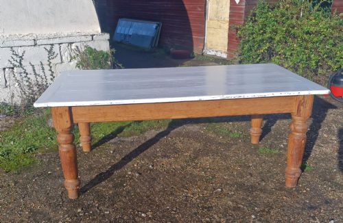 Solid Pitch Pine Farmhouse Kitchen Dining Table with Painted Top.
