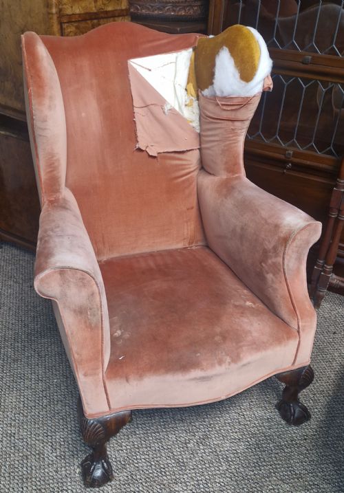 Late Victorian Mahogany Upholstered Wing Back Armchair.
