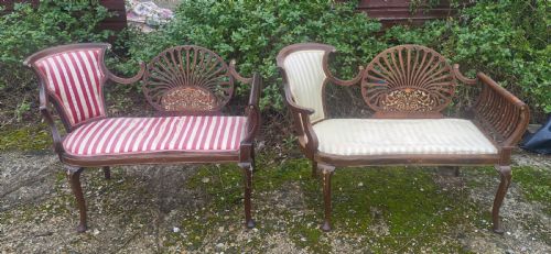 Matched Pair of Bone Inlaid Mahogany Window Seats.