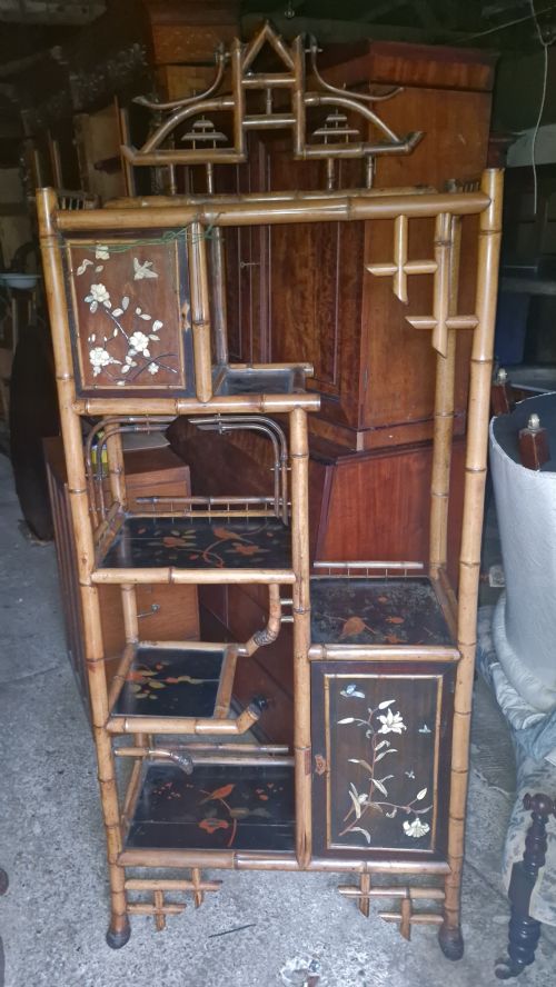 Victorian Bamboo and Lacquered Etagere with Bone and Mother of Pearl Inlay.