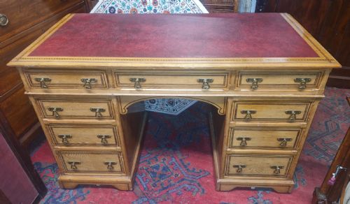 GOOD VICTORIAN INLAID ASH KNEEHOLE PEDESTAL WRITING DESK
