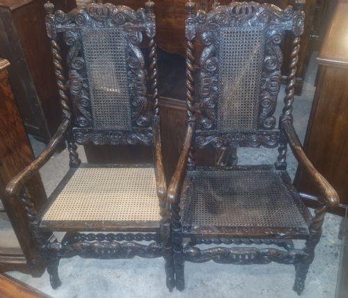 Good Pair of William and Mary Style Carved Armchairs.
