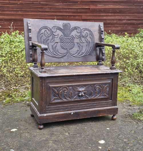Late Victorian Carved Oak Green Man Monks Seat.