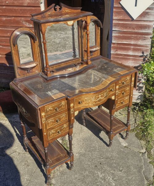 Late Victorian Inlaid Rosewood Ladys Writing Table with Drop Side Flaps.