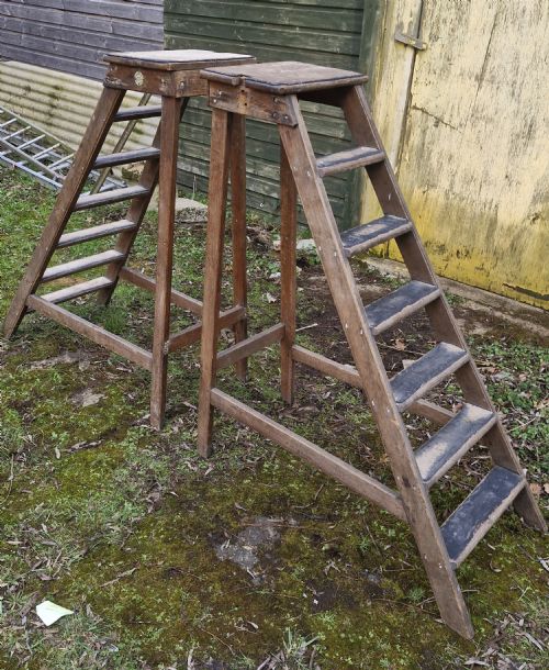 Pair of Edwardian Oak Library Steps - Missing the Poles.