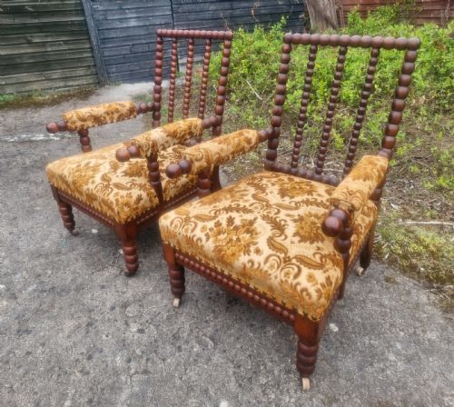 Pair of Bobbin Framed Upholstered Armchairs.