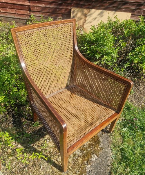 Edwardian Inlaid Mahogany Bergere Armchair.